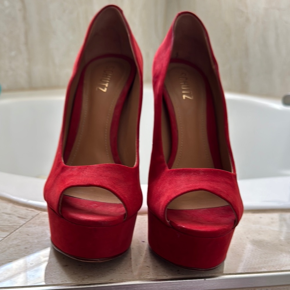 SCHUTZ Red Peep-Toe Platform Heels